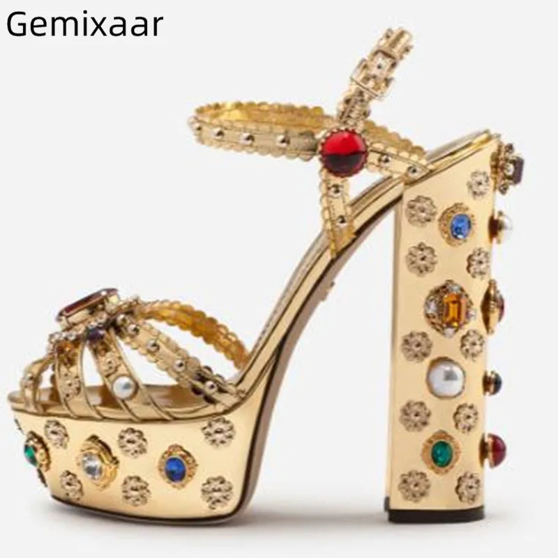 

4.5cm Platform Sandals Shoes Woman Chunky Square High Heel Decor Diamond Luxury Crystal Comfy Sheepskin Walking Sandals Sandalia
