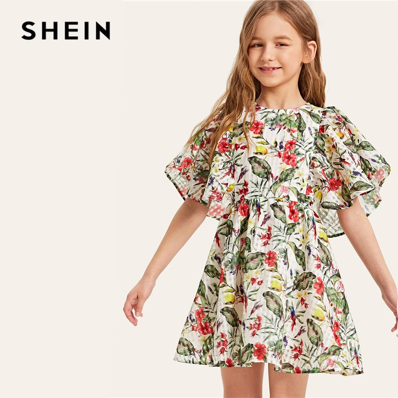 

SHEIN Kiddie Flutter Sleeve Tropical Zipper Smock Boho Girl Mini Dress 2019 Summer A Line Holiday Kids Dresses For Girls Clothes