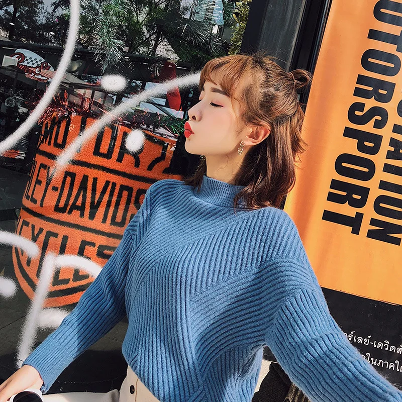 JIASIYUN Loose Women Sweater Turtleneck Solid Blue Knitting Sweater Casual Long Sleeve Pullovers Female Tops JIASIYUN Loose Women Sweater Turtleneck Solid Blue Knitting Sweater Casual Long Sleeve Pullovers Female Tops