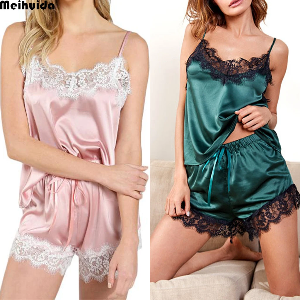 

2pcs Women Sexy Sleepwear Set Satin Silk Babydoll Lace Tops+Shorts Sleep Pajama Sets Summer