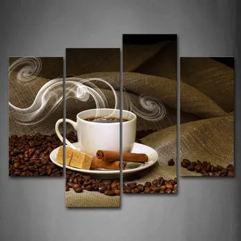 

4 Piece Canvas Art Coffee Kitchen Modern Abstract Painting Wall Pictures for Living Room Decoration Pictures Framed