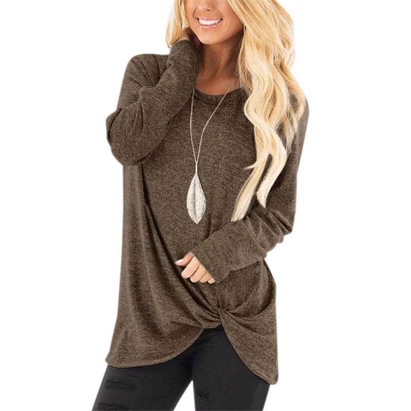 Plus Size Women's O Neck Long Sleeve Pullovers Solid Casual Tie Blouse Loose Ladies Tops 2019 Spring Summer Basic Female Shirts