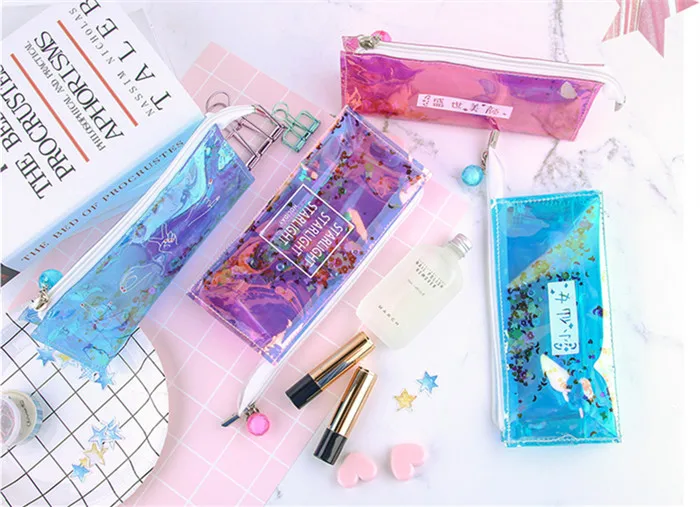 Fashion Harajuku Charms Zipper Hologram Metallic Color Sequin Transparent Laser Pencil Case Woman Cosmetics Makeup Bag Handbag (7)