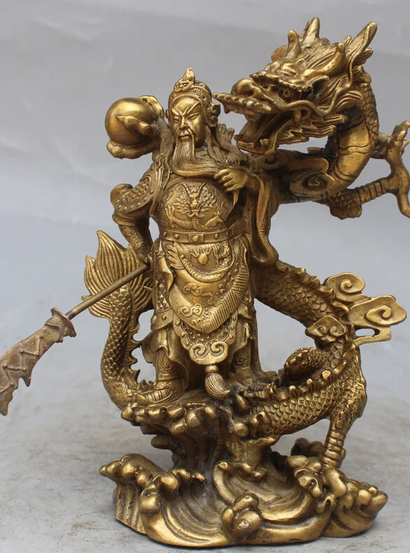 

bi003321 Chinese Fengshui Bronze Guan Gong Yu Warrior God Sword Stand in Dragon Statue