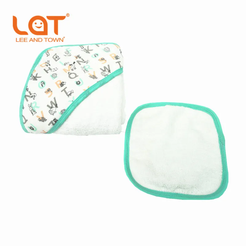  LAT Baby Cotton Eco-Friendly Printed Bath Hooded Towel +Face handkerchief Set Ultra Soft Infant Wra