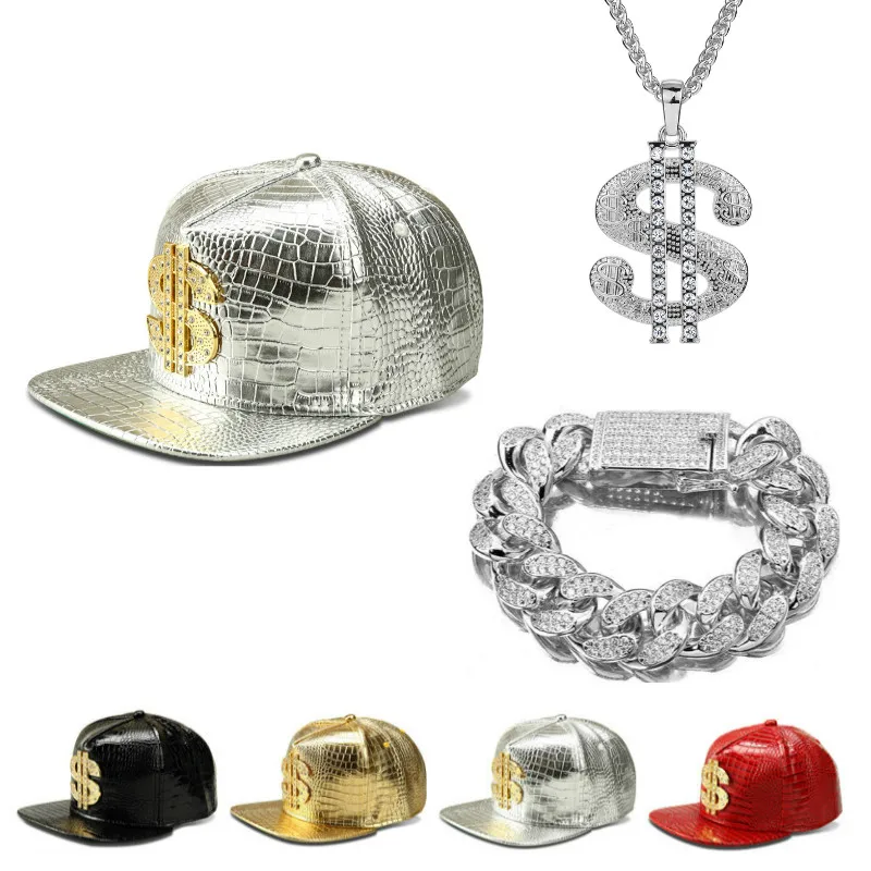 Men hip hop gold cap letter A cap hat+Necklace+bracelet Set jewelry Diamond ice out cuban chian Luxury Jewelry set For Men - Цвет: Серебристый