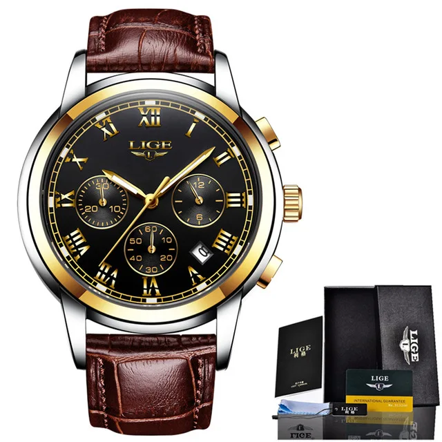 Кожаный Reloj Hombre LIGE мужские часы Топ Бренд роскошные мужские спортивные часы для мужчин модные повседневные водонепроницаемые кварцевые часы - Цвет: Gold black