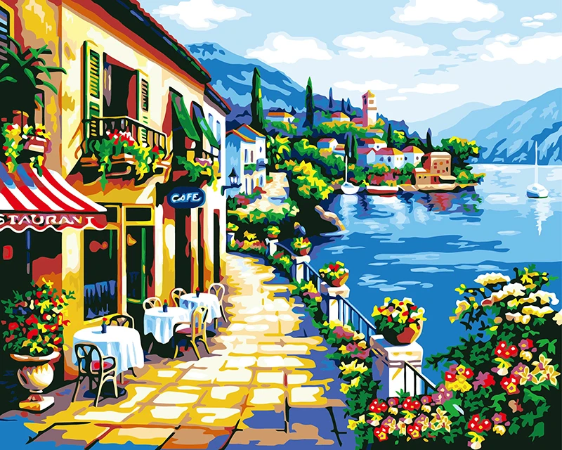 

frameless picture painting by numbers hand painted Home Decoration canvas picture digital oil painting 40*50cm Bay Cafe