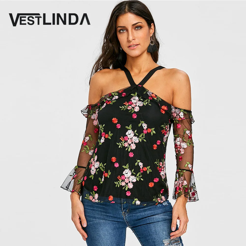 VESTLINDA Mesh Off The Shoulder Floral Print Blouse Summer Halter Neck