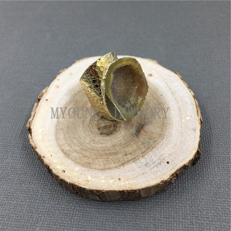 MY1040 Natural Agates Druzy Geode Rings Gold Color Base Rings (7)