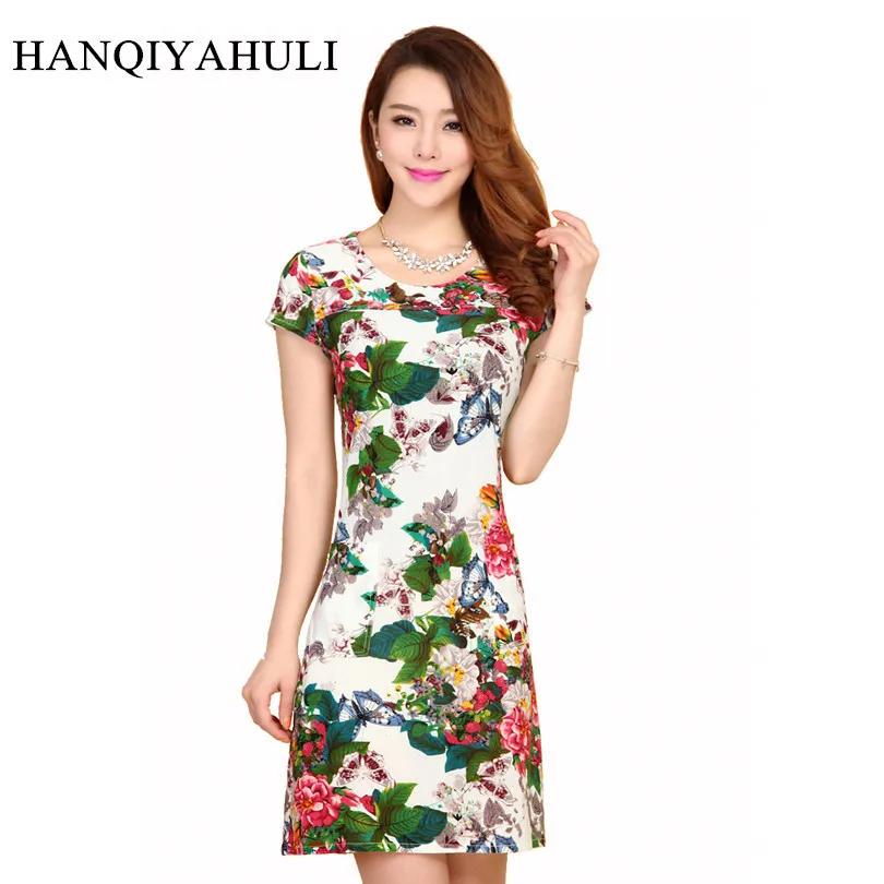 

2019 Women Style Dress Slim Tunic Milk Silk Print Floral Casual Plus Size Vestido Feminino Loose Dresses Clothes L-5XL