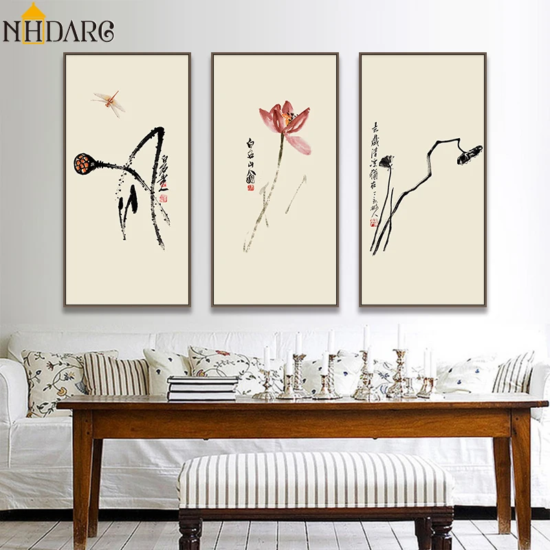 

Chinese Style Flower Lotus Water Lily Zen by Qibaishi Elegance Posters and Prints Canvas Painting Wall Pictures For Living Room