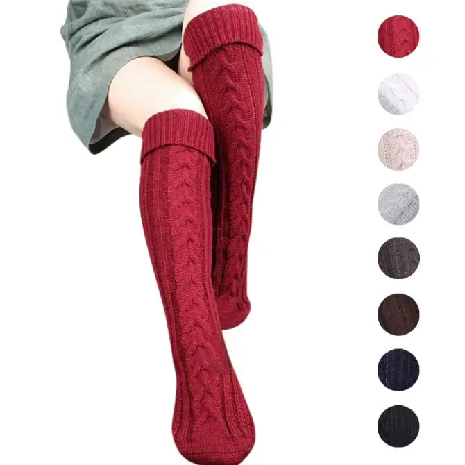 И 40, женские носки, женские зимние теплые Гольфы выше колена в японском стиле, яркие цвета, одноцветные, из конопляной шерсти, вязаные носки