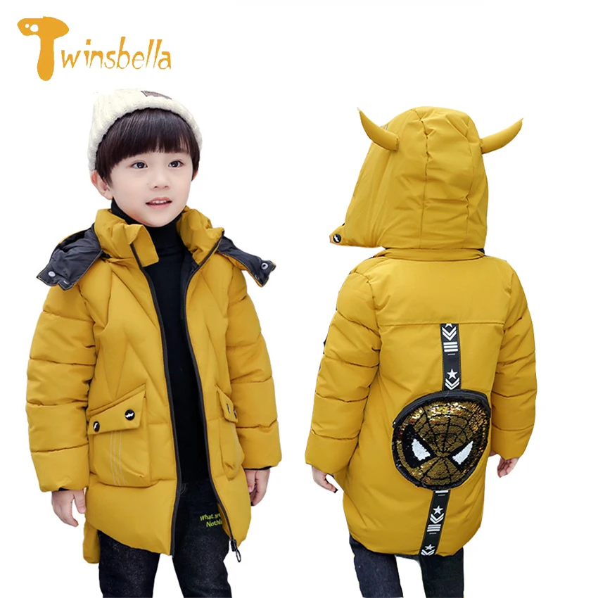 TWINSBELLA New Warm Down Coat For Boys Baby Hooded Animal Jacket Kids Spiderman Print Winter Clothes Children Zipper Ribbon Coat
