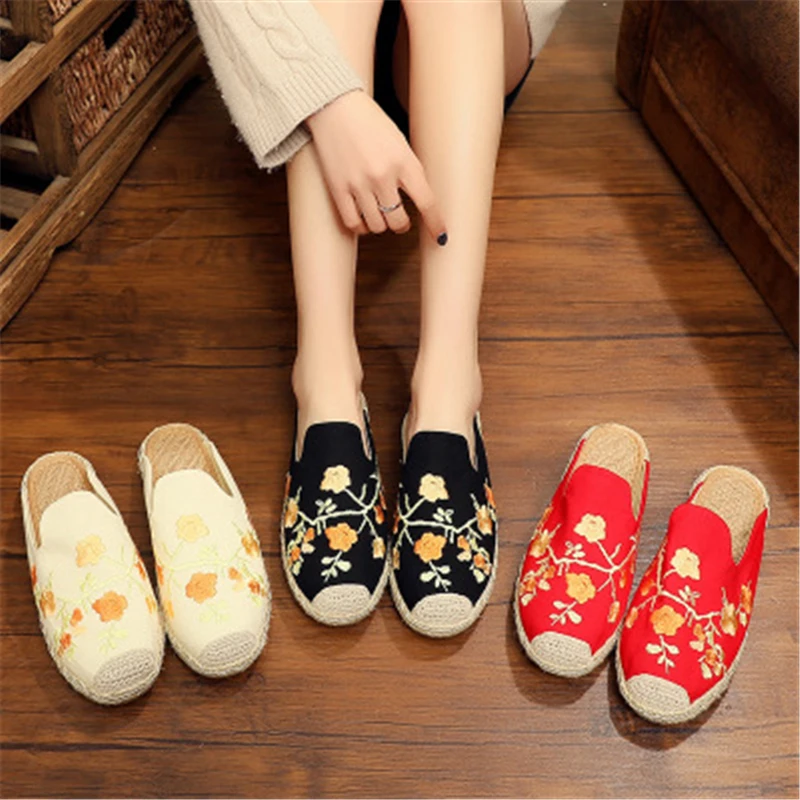 

New Zapatos De Mujer 2019 Vintage Fashion Shoes Elegant Cotton Fabric Hemp Rubber Summer Outside Slippers Women Embroider Wedges
