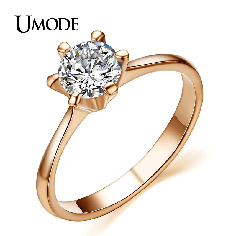 UMODE Rose Gold Color Classic 6 Prong Sparkling Solitaire Aneis Feminino 1ct CZ Wedding Rings JR0012A