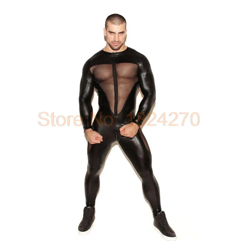 Adult Unitard Patent Leather Mens Sexy Long Sleeves Zipper Open Crotch Catsuit Zentai Jumpsuit Party Wear Pant Bodysuit Overalls 3XL Plus Size