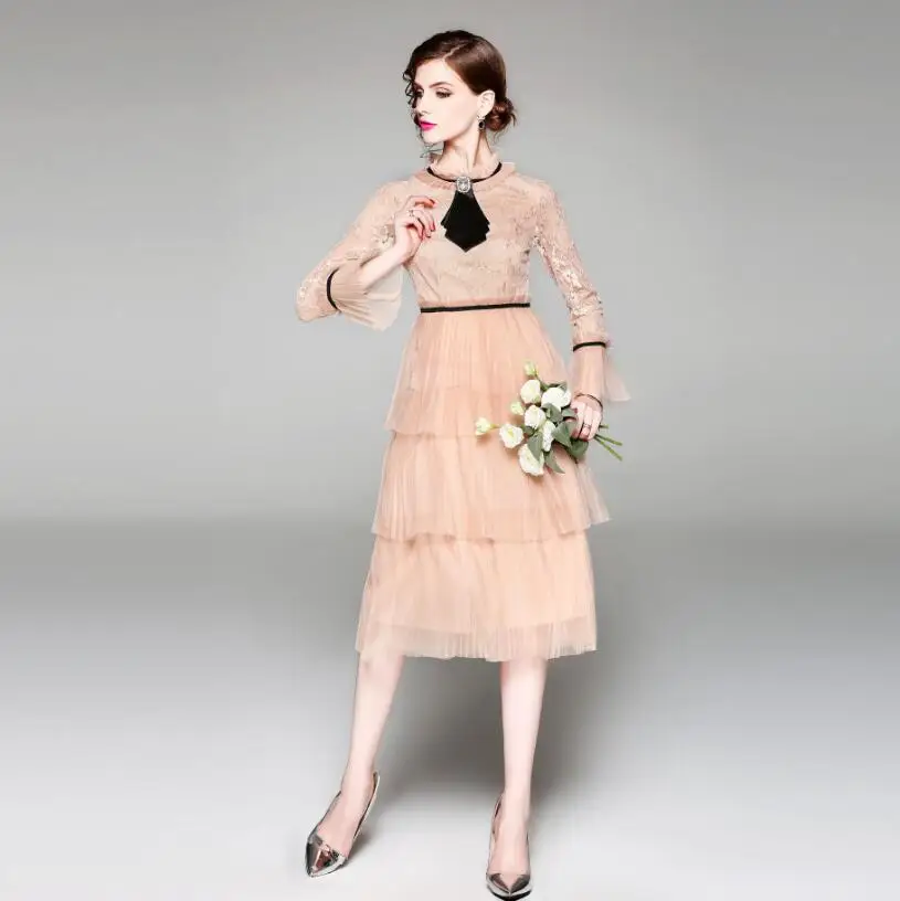 Summer Hollow Pleated Gauze Lace Dress Women Long Sleeve Princess Dress Moda Mujer 2018 Midi Party Dress Strand Jurkjes