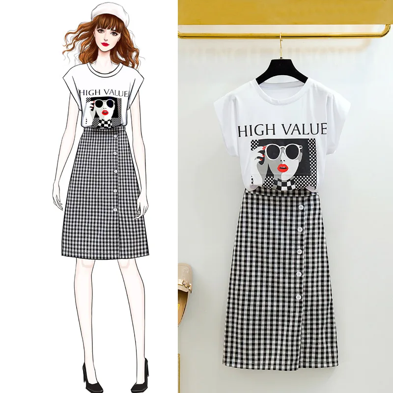 

Women's Plaid Midi Skirt Set High Waist Cartoon Single Breated Skirts Short Sleeve O-neck Tshirt For Ladies 2019 Summer NEW Sets