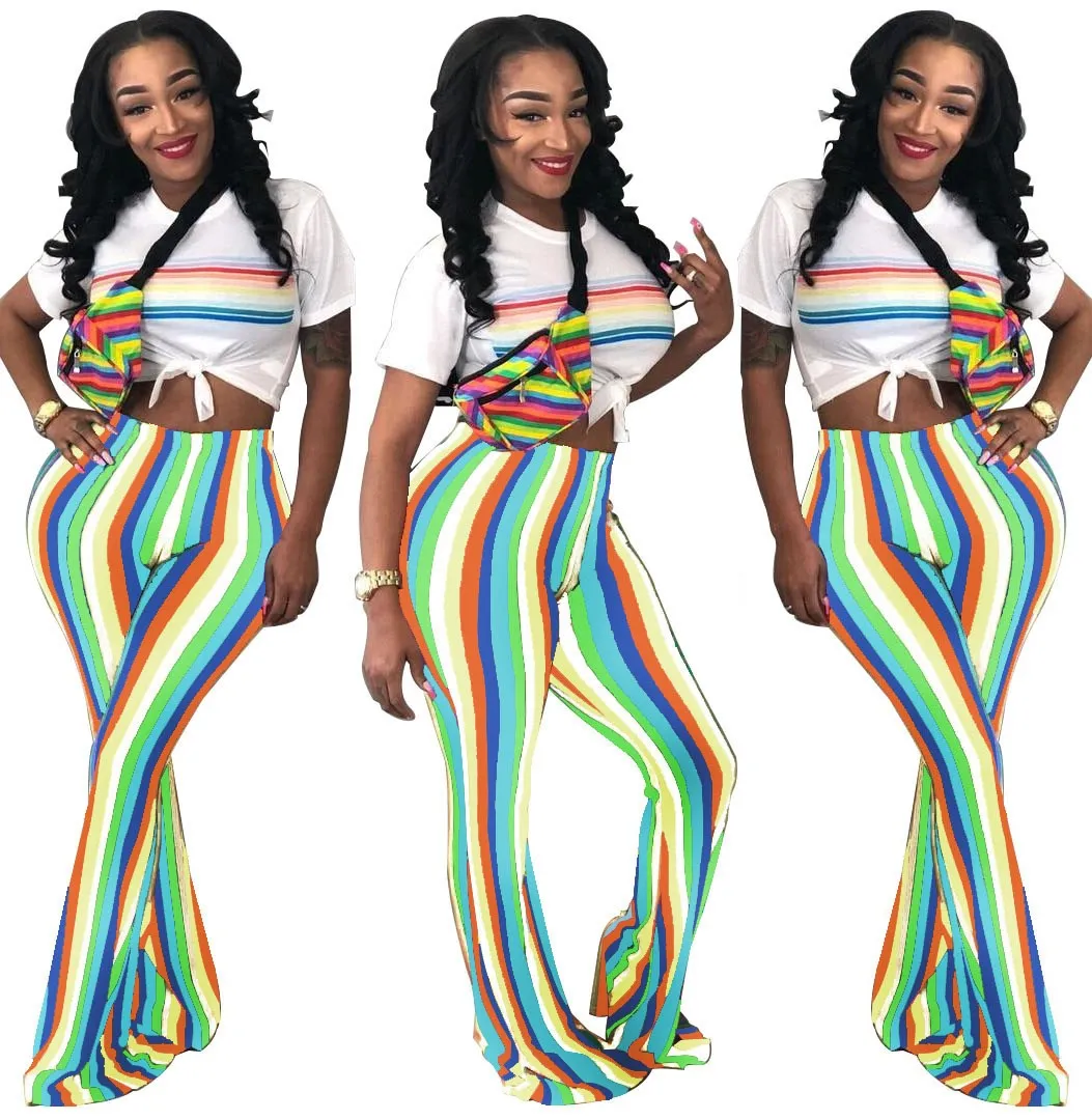 Hot Sale 2018 Fashion Stretch Ladies Bell Bottom Pants Women Trousers Skinny Rainbow Striped Printed Flare Pants Pants