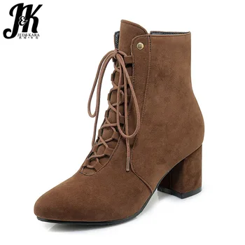 

JK High Heels Women Boots Cross Tied Ankle Boot Round Toe Winter Warm Footwear Fashion Female Shoes Women Shoes Big Size 34-48