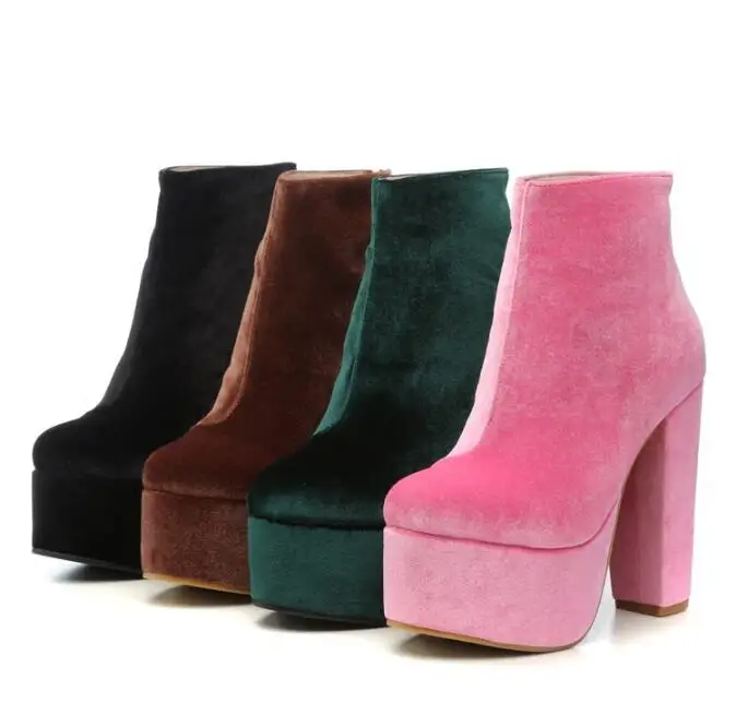 

winter woman velvet high platform chunky heel boots colorful velvet thick high heel platform ankle boots woman winter boots