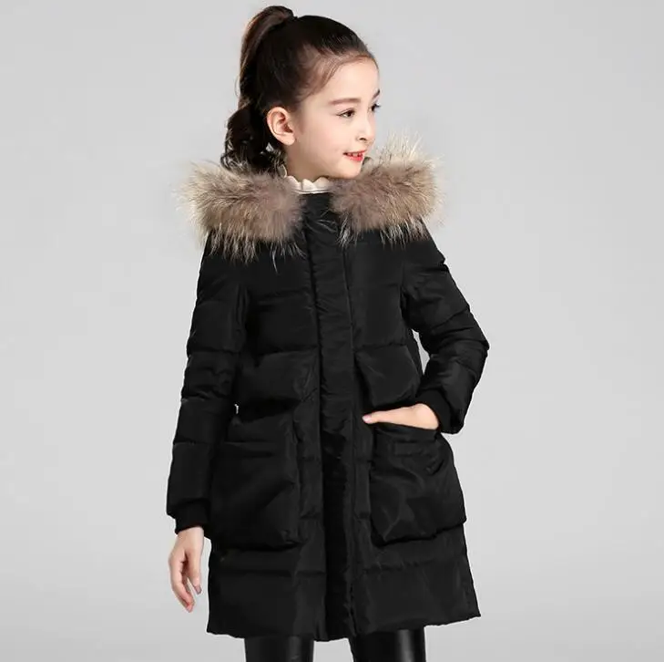 

New 2019 Fashion Children Winter Jacket Girl Winter Coat Kids Warm Thick Fur Collar Hooded long down Coats For Teenage 4Y-14Y