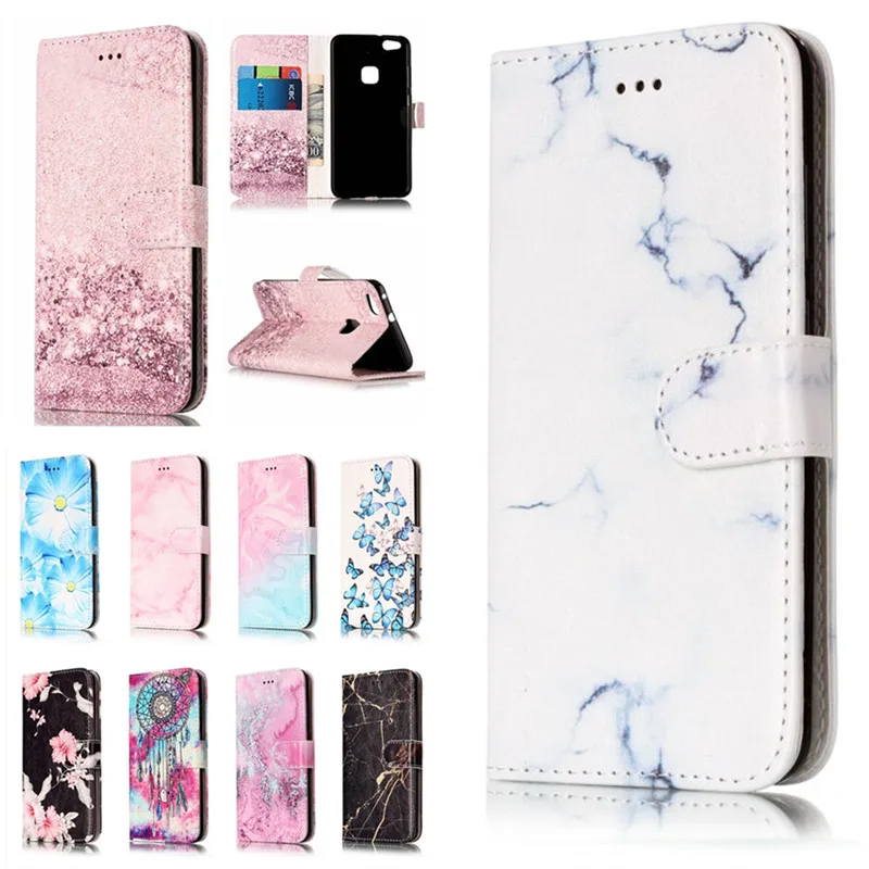 

For Huawei P10 Lite Coque Cases For Huawei P10Lite Cover Etui Granite Marble Texture Pink Soft Wallet Leather Phone Bag Capinhas