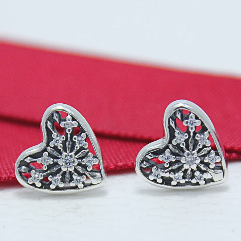 

ROCKART Standard S925 Sterling Silver Hearts of Winter Stud Earrings With Clear CZ For Women Fashion Jewelry Gift New Hot