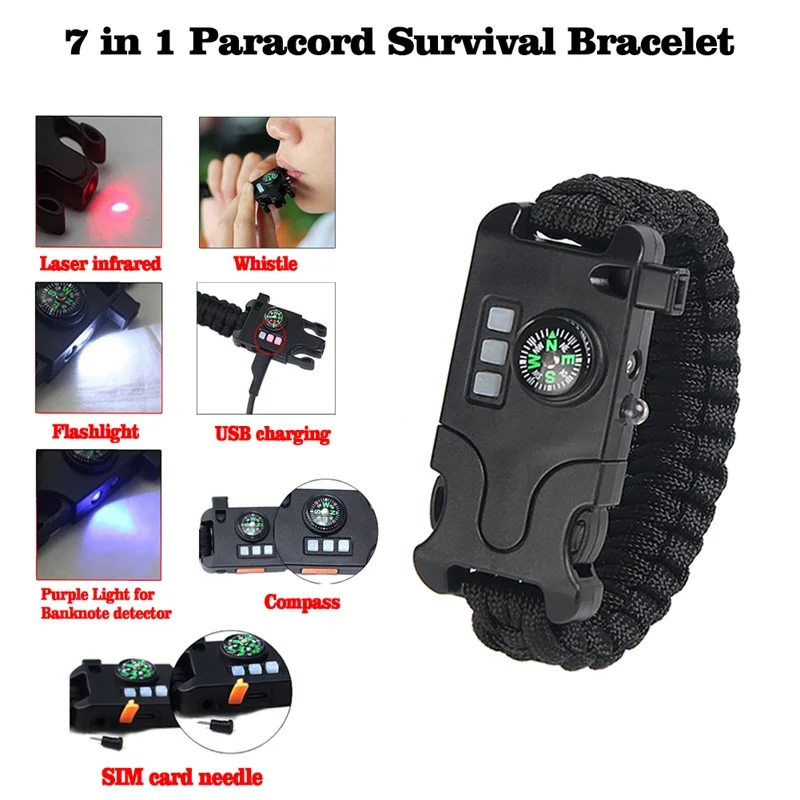 

Multifunction Bracelet7-in-1 Outdoor Creative Outdoor Survival Laser/Flashlight/Help Light Hand-woven Infrared Bracelet 21-0040