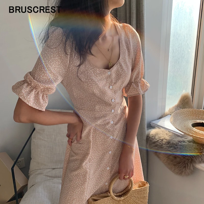

Front Button Polka Dot Dress Square Neck Short Puff Sleeve Dresses Ladies Vintage Midi Vestidos Boho Casual Summer Dress 2019