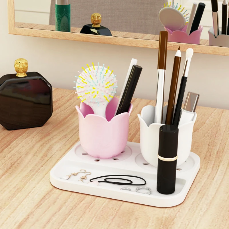 

Plastic Cosmetic Storage Box For Creative Flower Desktop Jewelry Makeup Tools Organizer Holder Cute Pink Office Stationery Shelf