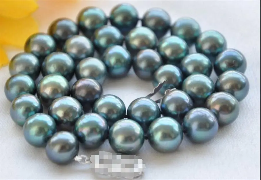 

Lustre AA++17"10-11mm ROUND PEACOCK BLACK PEARL NECKLACE 925S
