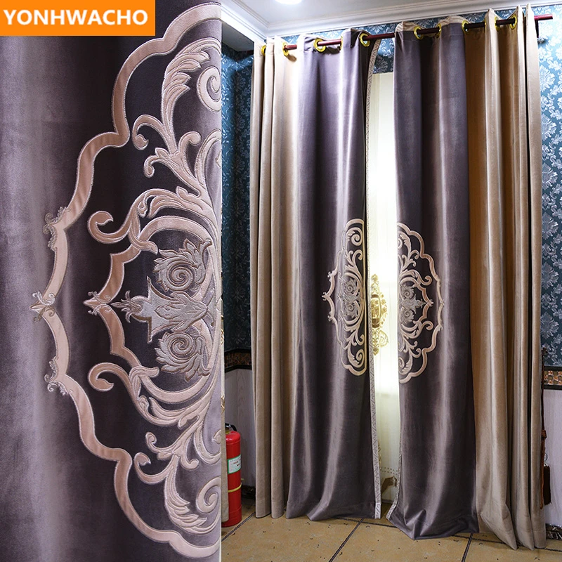 

Custom curtains European Court High-end gorgeous Embroidery light purple thick velvet cloth blackout curtain tulle drapes B269