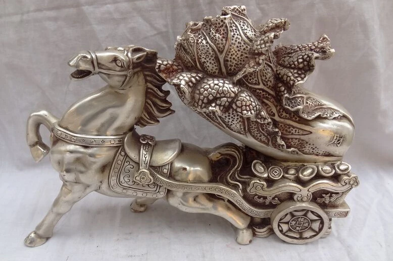 

zhrui6643<<12" China Silver YuanBao Horse-drawn Wealth Coin Cabbage Carriage Bronze Statue