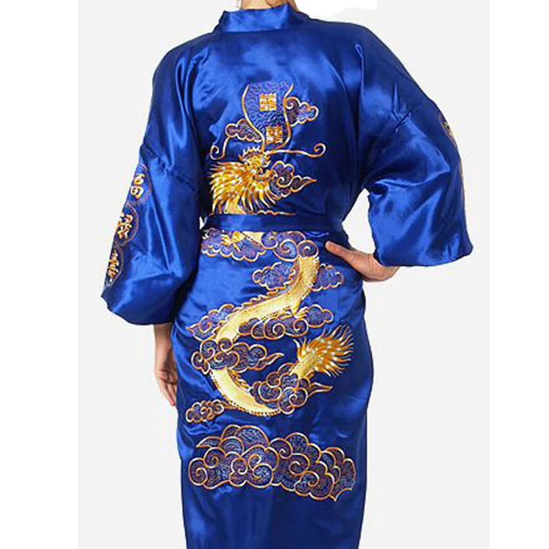 Plus Size XXXL Black Chinese Men's Embroidery Dragon Robes Traditional Male Sleepwear Nightwear Kimono Bath Gown With Bandage 