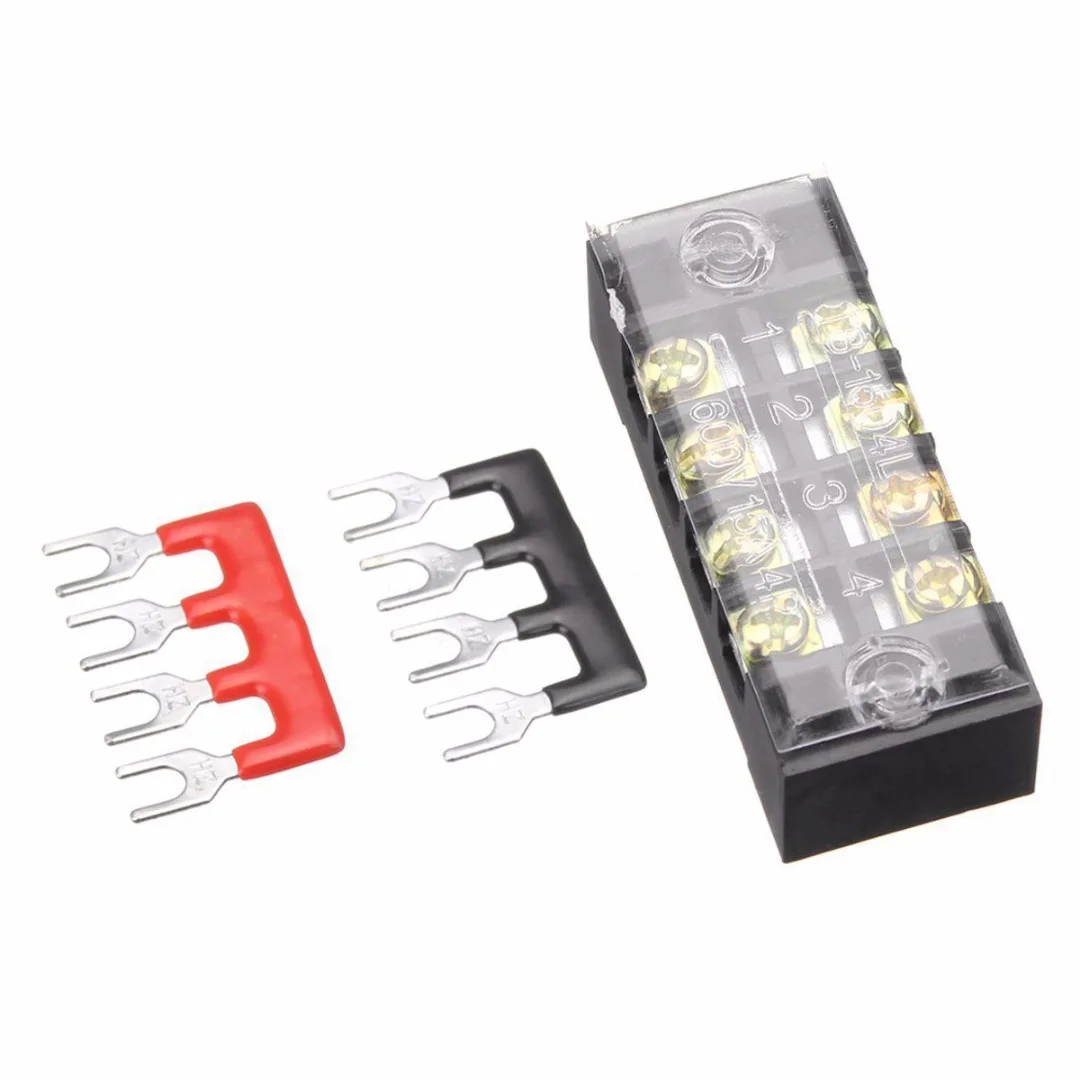 Double Row Wire Barrier Terminal Block 600V 15A 4P 55x21x17mm + 2 Connector Strips For Electronic Circuit