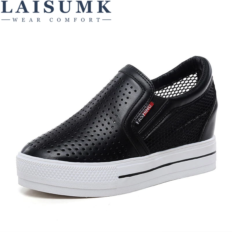 

LAISUMK Women Sneakers Fashion Platform Casual Shoes Leather Low Top Slip on Increasing Ladies White Black shoes Designer