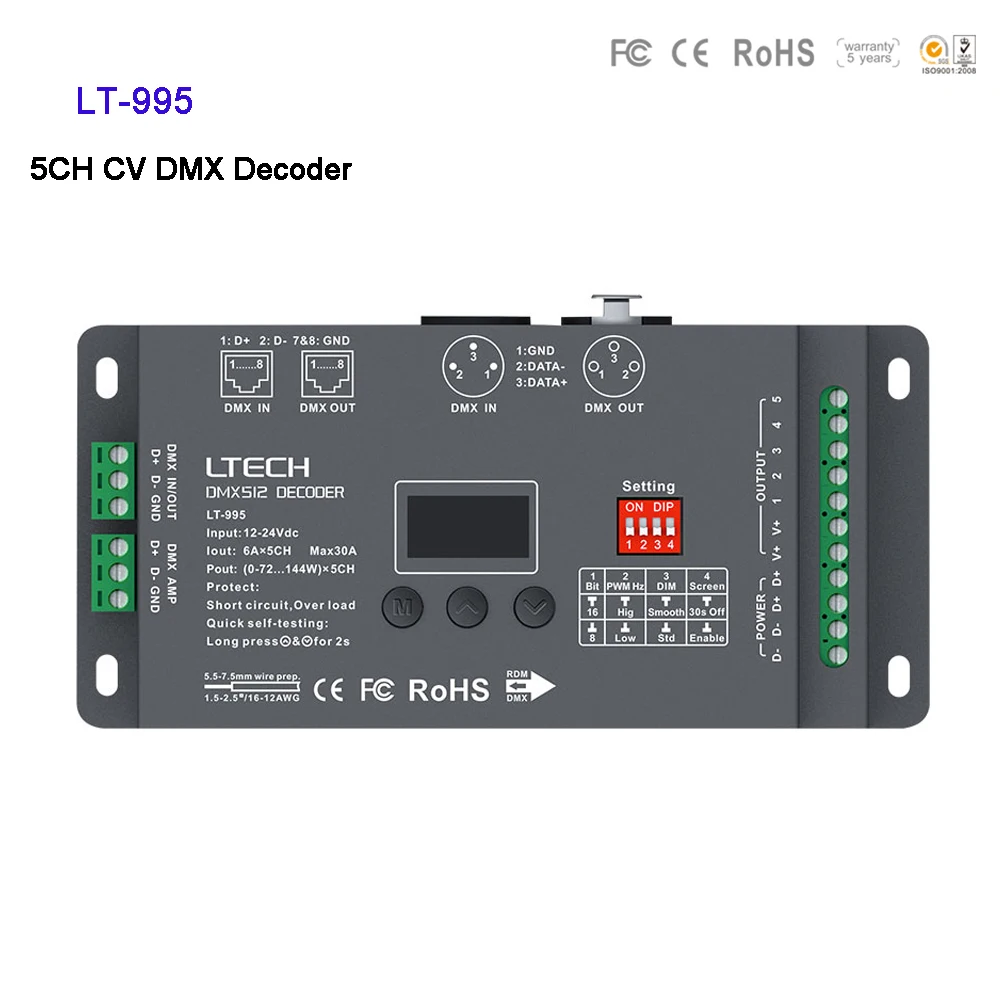 

New LTECH LT-995 Led CV DMX Decoder controller DC12V -24V input;6A*5CH Max 30A 720W output RGB/RGBW XLR-3/RJ45 Connector Port