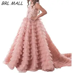Великолепные розовые платья для девочек с цветочным узором бальное платье слоистых тюль 2018 милое платье с цветочным узором для девочек с 3D