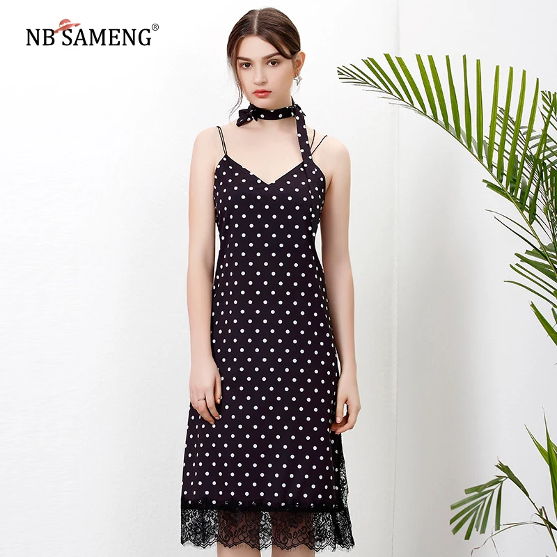 Women Summer Casual Black and White Dot Pleated Lace Dress 2017 New Fashion Patchwork V Neck