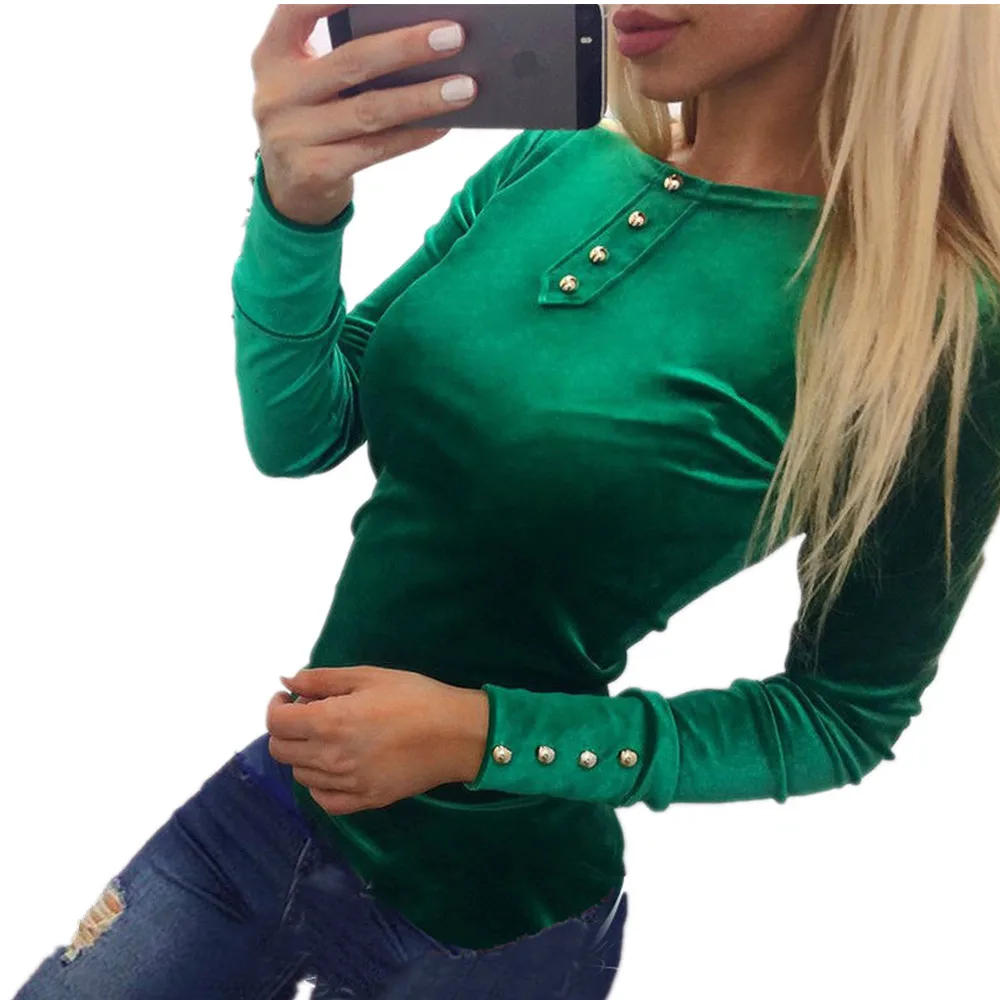 Velvet long sleeve blouse shirt Sexy o neck green blouse women Button