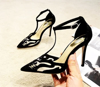

2019 New Arrivals Air Mesh Pumps Woman Crystal T Bar Pointed Toe Hollow Dress Lady Shoes Fashion Elegant High Heel Pumps