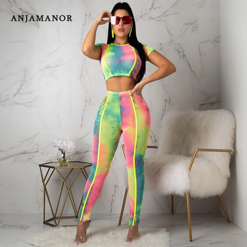 

ANJAMANOR Rainbow Tie Dye Sexy Bodycon Two Piece Set Top and Pants Tracksuit Jogging Suits for Women Neon Casual Outfits D70AB77
