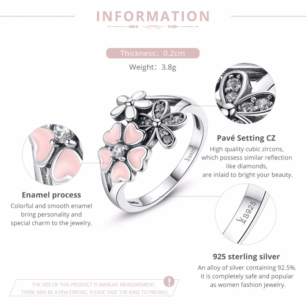 BAMOER Fashion 925 Sterling Silver Pink Flower Poetic Daisy Cherry Blossom Finger Ring for Women #6 7 8 9 Size Jewelry SCR004 silver ring silver rings