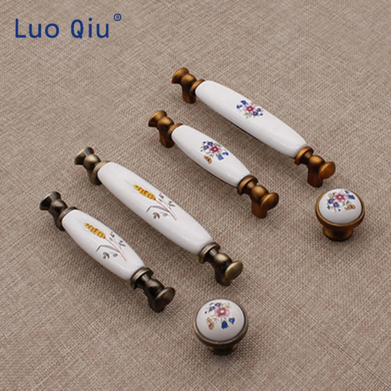 

Antique Bronze Ceramic Cabinet Handles Zinc Alloy Drawer Knobs Wardrobe Door Handles Morning Glory European Furniture Handle