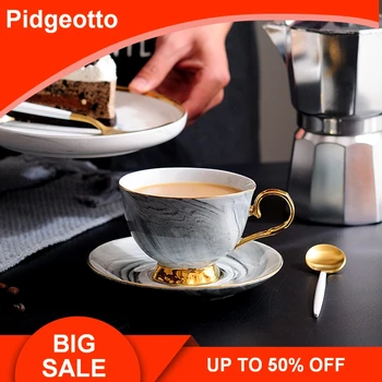 

European Style Marbling Ceramic Coffee Cup Set British Afternoon Tea Golden Rim Cup and Saucer Gift Box