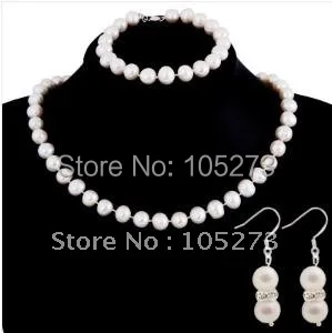 

Amazing!pearl Jewelry set AA 9-10mm White Genuine Freshwater pearl Fashion jewelry woman's jewelry Hot sale Free shipping NF86
