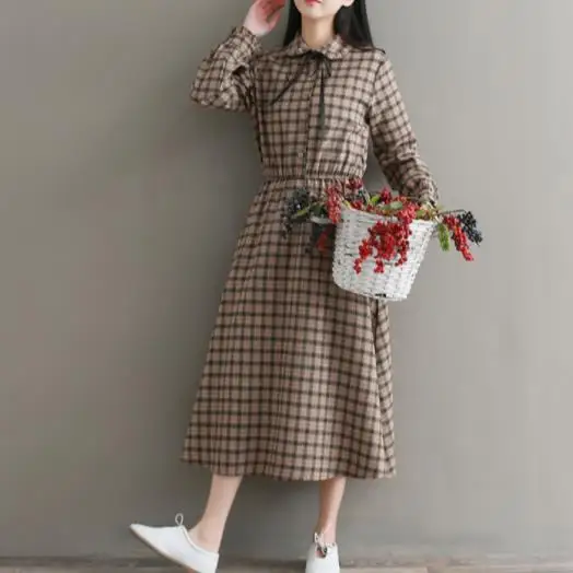 

2019 New Cotton Linen Spring Dress Turn-down Collar Button Slim Waist Ladies Dress Loose Women Spring Dress DC897