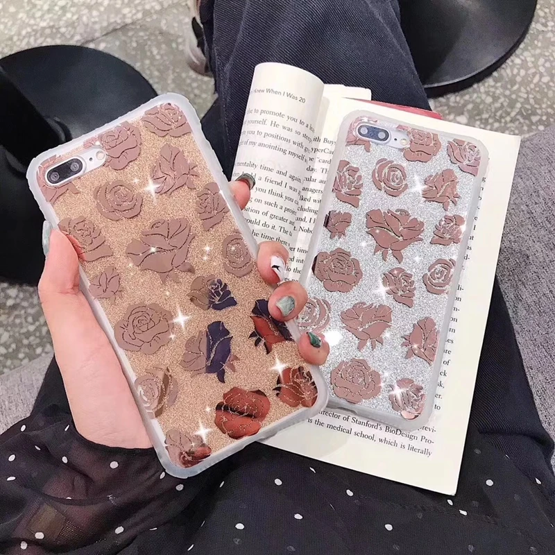 

Tfshining Shockproof Glitter Bling Case For iphone X XR XS Max Rose Flowers Case For iphone 7 8 Plus 6 6s Plus Cover Coque Gifts